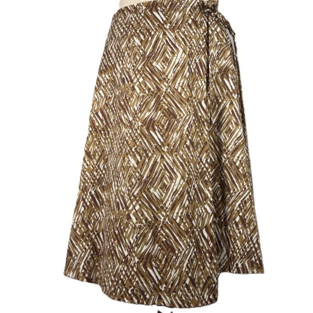 Alfani Geometric Print Wrap Midi Skirt Brown White Size 12 Cotton Modal Lyocell